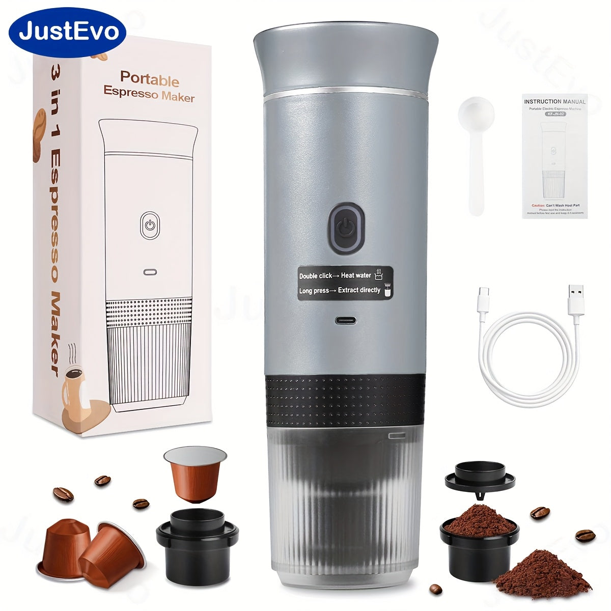 JustEvo Electric coffee maker, all-in-one coffee machine, coffee pot, and coffee appliance with smart temperature control and fast brewing. Compatible with coffee capsules and ground coffee. Perfect for cars, offices, camping