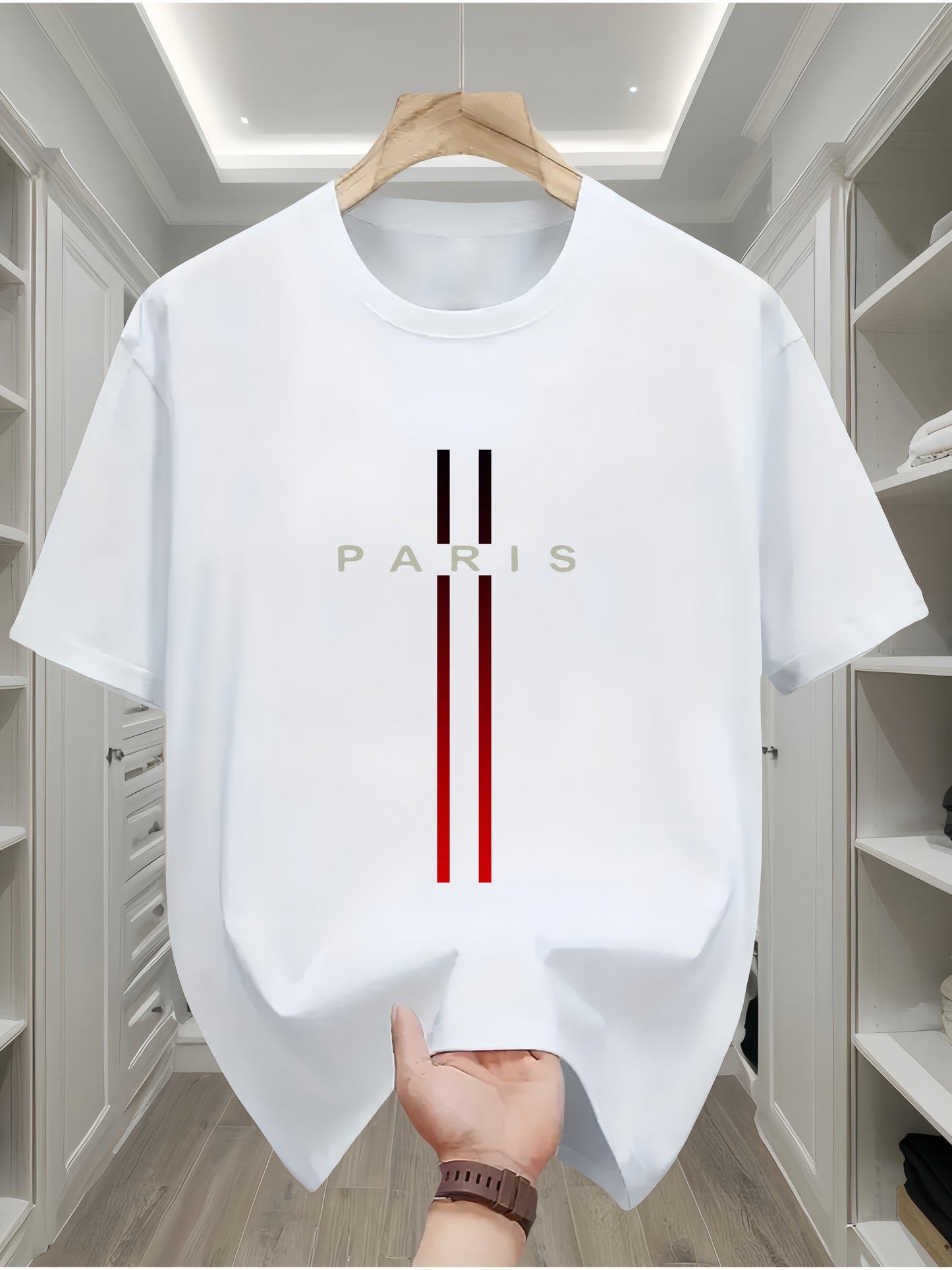 Men's 100% Cotton T-Shirt with Paris Flag Letter Geometric Print - Casual All-Season Crew Neck Tee with Short Sleeves and Slight Stretch - Comfortable Knit Fabric Regular Fit Sportswear Top