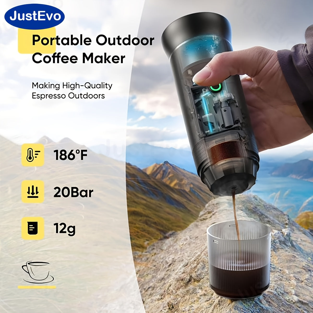 JustEvo Electric coffee maker, all-in-one coffee machine, coffee pot, and coffee appliance with smart temperature control and fast brewing. Compatible with coffee capsules and ground coffee. Perfect for cars, offices, camping