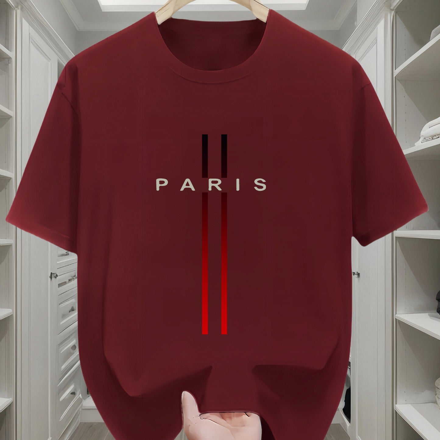 Men's 100% Cotton T-Shirt with Paris Flag Letter Geometric Print - Casual All-Season Crew Neck Tee with Short Sleeves and Slight Stretch - Comfortable Knit Fabric Regular Fit Sportswear Top