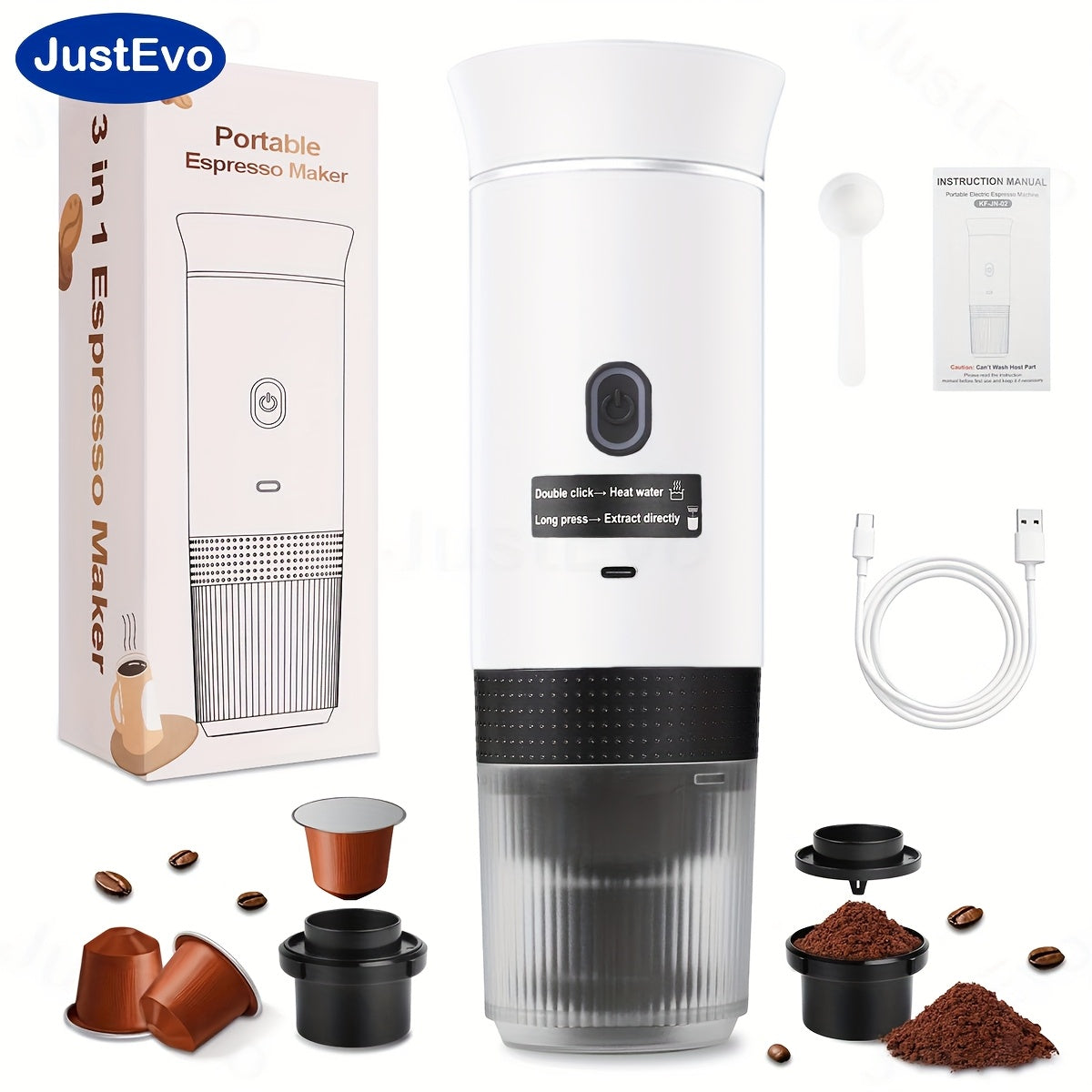 JustEvo Electric coffee maker, all-in-one coffee machine, coffee pot, and coffee appliance with smart temperature control and fast brewing. Compatible with coffee capsules and ground coffee. Perfect for cars, offices, camping