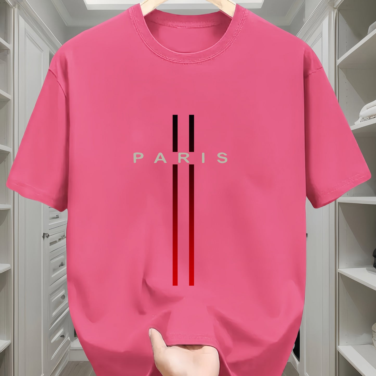 Men's 100% Cotton T-Shirt with Paris Flag Letter Geometric Print - Casual All-Season Crew Neck Tee with Short Sleeves and Slight Stretch - Comfortable Knit Fabric Regular Fit Sportswear Top