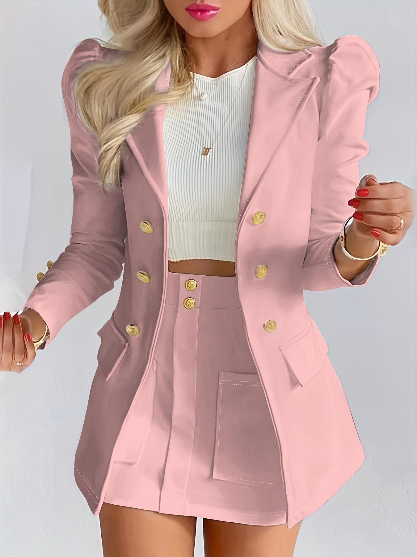 Blazers Two-piece Set, Elegant Solid Long Sleeve Blazers & Mini Skirt, Women's Clothing