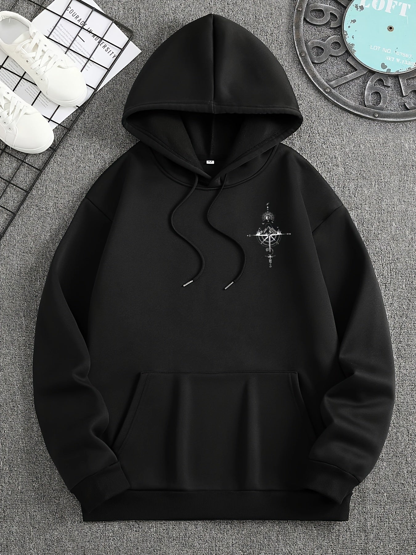 Men'S Autumn Winter Galaxy Print Hooded Sweatshirt, French Terry Fleece, 100% Polyester, Non-Stretch Knit Fabric, Loose Fit with Pocket Detail, Casual Sports Style Hooded Pullover