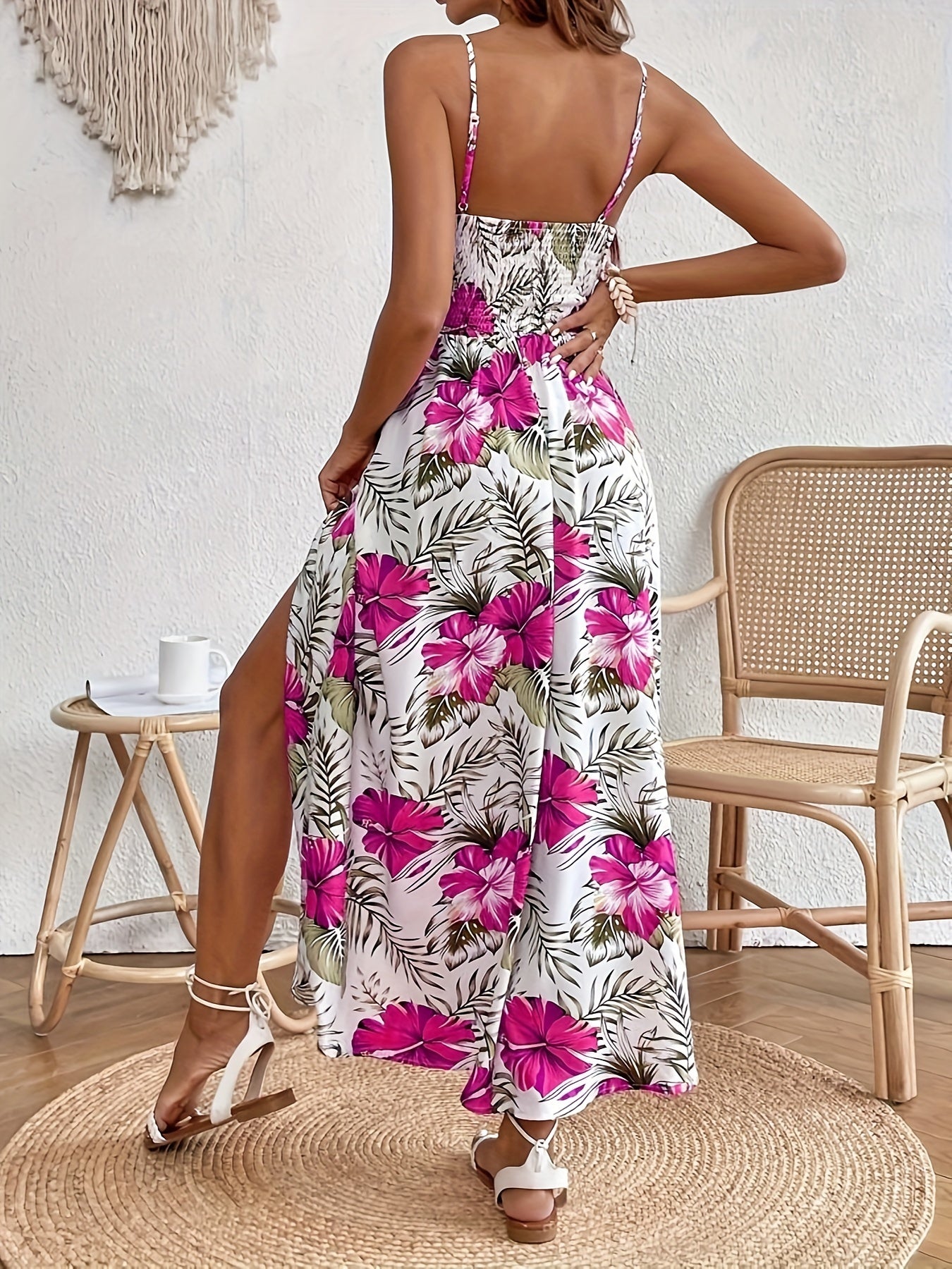 Floral Print Spaghetti Strap Dress, Elegant Sleeveless Split Dress For Spring & Summer, Women's Clothing