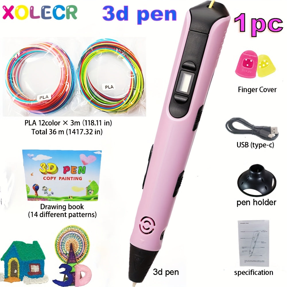 1pc Xolecr 3D Printing Pen with LCD HD Display - USB-Powered, Creative Drawing & Graffiti Art Tool, Ideal for Birthday and Christmas Gifts, Artistic Expression | LCD Screen Display | Versatile Pen, 3rd Generation