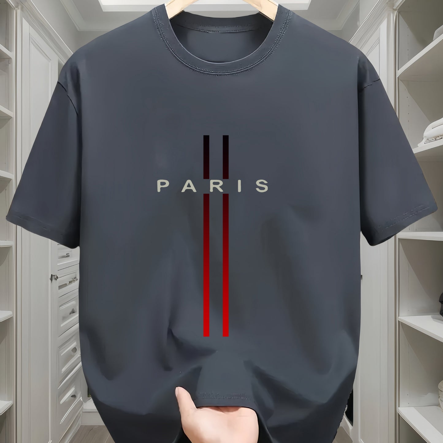 Men's 100% Cotton T-Shirt with Paris Flag Letter Geometric Print - Casual All-Season Crew Neck Tee with Short Sleeves and Slight Stretch - Comfortable Knit Fabric Regular Fit Sportswear Top