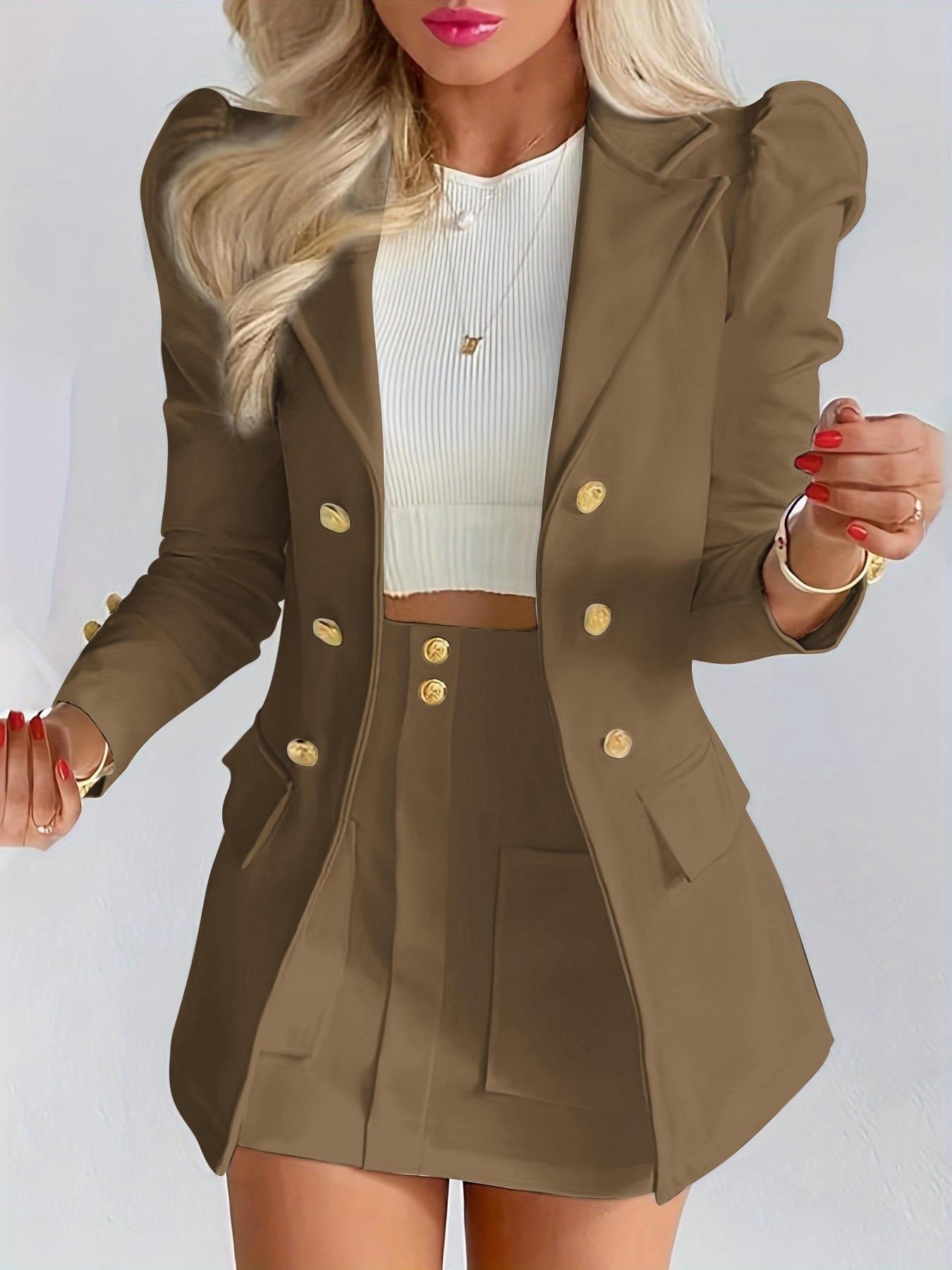 Blazers Two-piece Set, Elegant Solid Long Sleeve Blazers & Mini Skirt, Women's Clothing