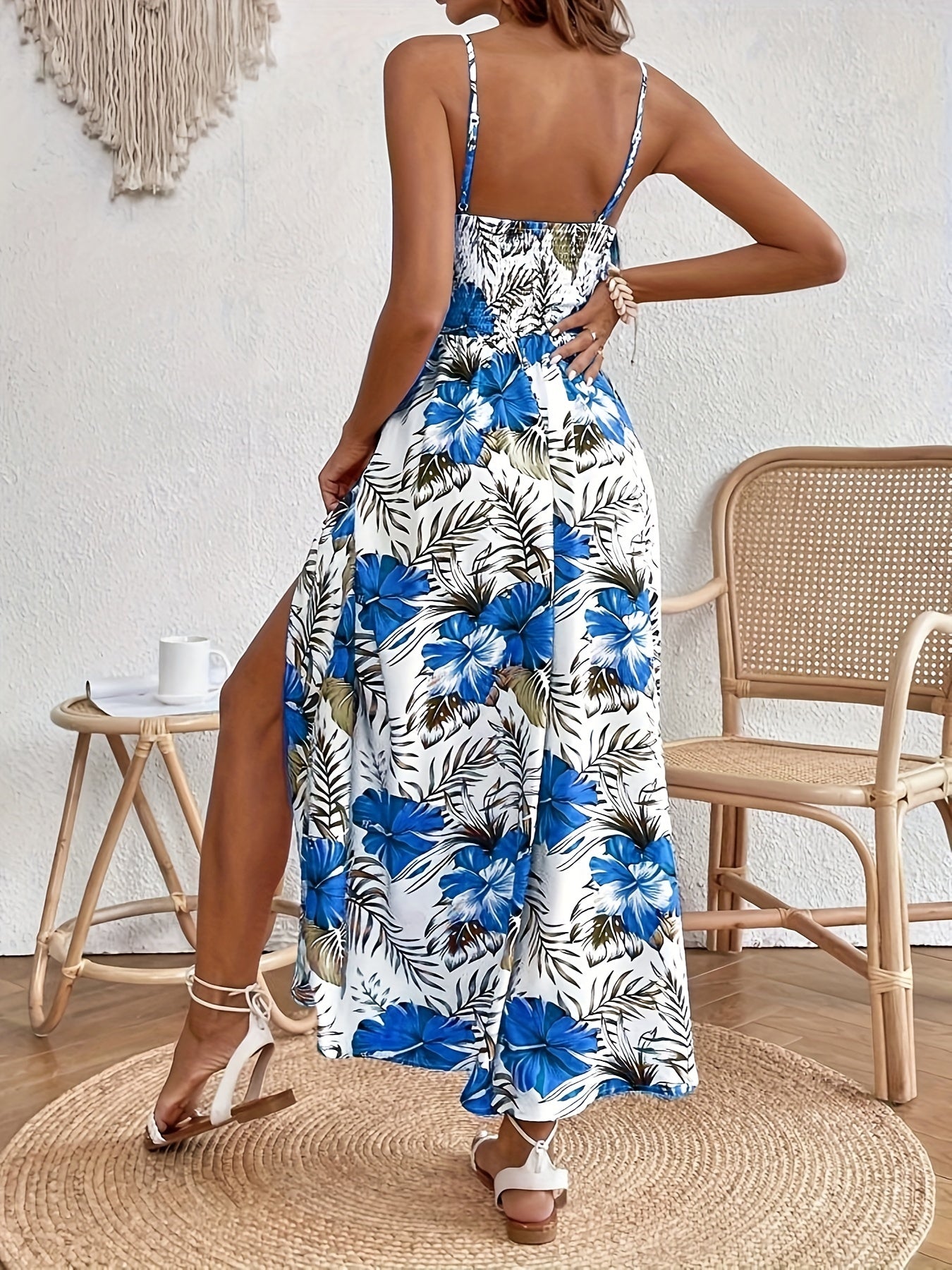 Floral Print Spaghetti Strap Dress, Elegant Sleeveless Split Dress For Spring & Summer, Women's Clothing