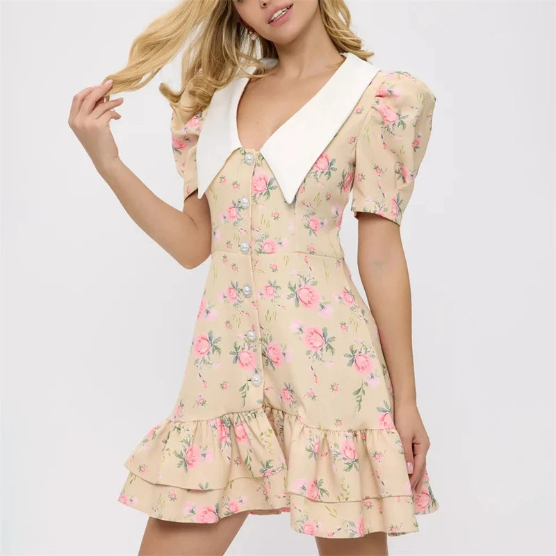 Tornova Women’s Puff Sleeve Ruffle Mini Dress – V-Neck, High Waist, Pearl Buttons