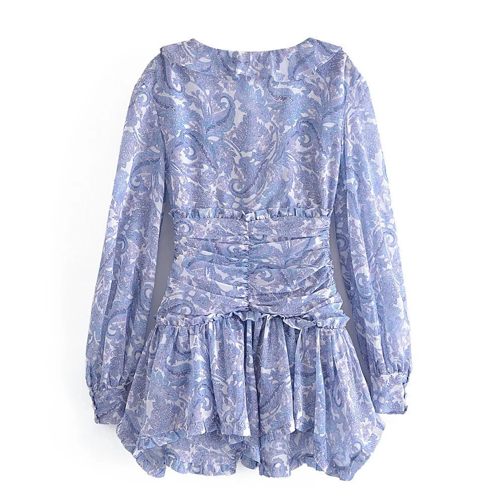 Women's Blue Floral Holiday Chiffon Dress – Ruched Waist & Long Sleeves