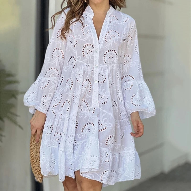 Summer Elegant Vintage Solid Lace Dress V-neck Loose Hollow Out Pattern Embroidery Vestidos Women Beach Sexy Mini White Dresses