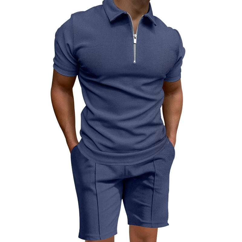 Cross border 2024 summer men's polo shirt set solid color waffle short sleeve slim lapel t-shirt casual men's set