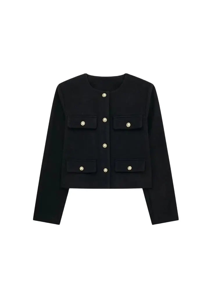 TRZA-Women's Golden Button Jacket Coat, O Neck, Long Sleeve, Female Outerwear, Chic Tops, Fashion