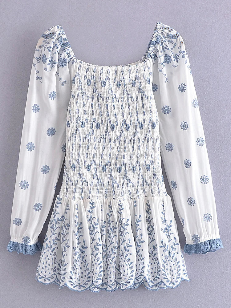 "2022 Romantic Puff Sleeve Embroidered Floral Mini Dress – White Blue Ruched Body with Ruffle Hem"