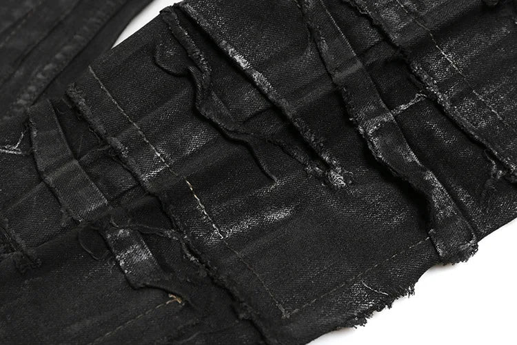 Men Wax Denim Jeans Cotton Casual Men's Clothing Coated Autumn Straight Solid High Street Black Jeans Long Pants