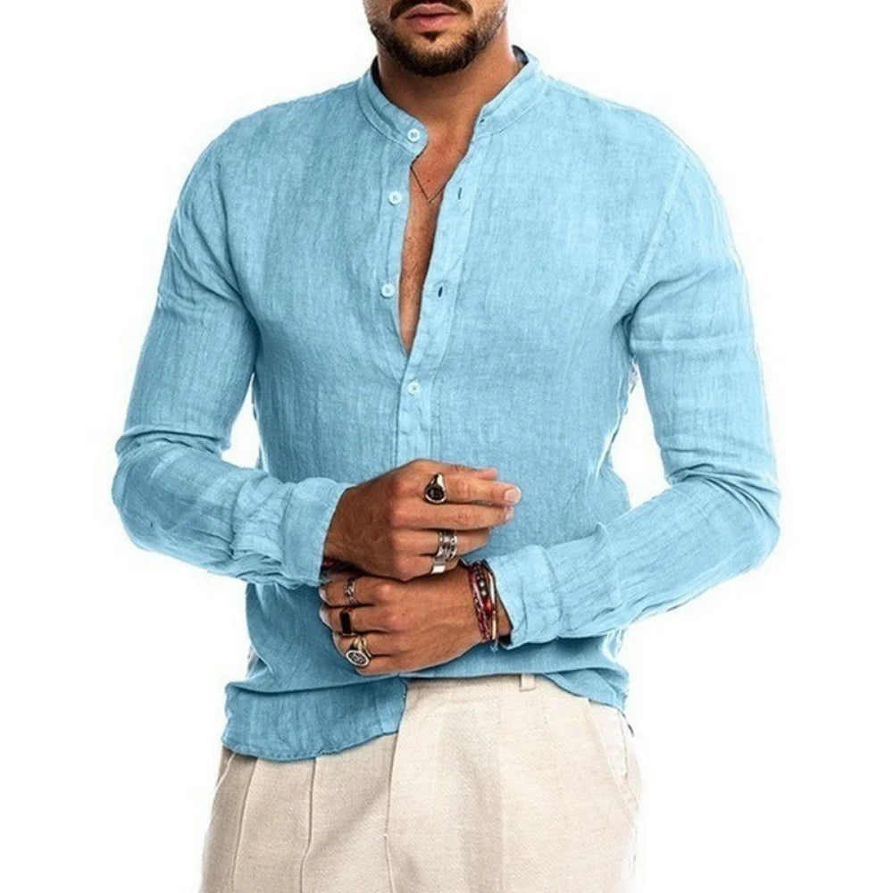 New Spring Men's Fashion Casual Shirt Button Linen Cotton Comfortable Daily Tops Long Sleeve Shirt