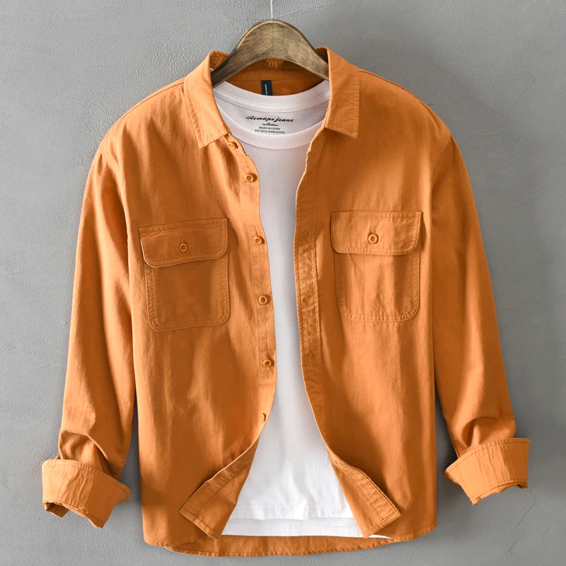 HIQOR 2025 Men Casual White Shirts Long-sleeved Chest Two Pocket Design 100% Cotton Solid Casual Turn-down Collar Shirt M-3XL