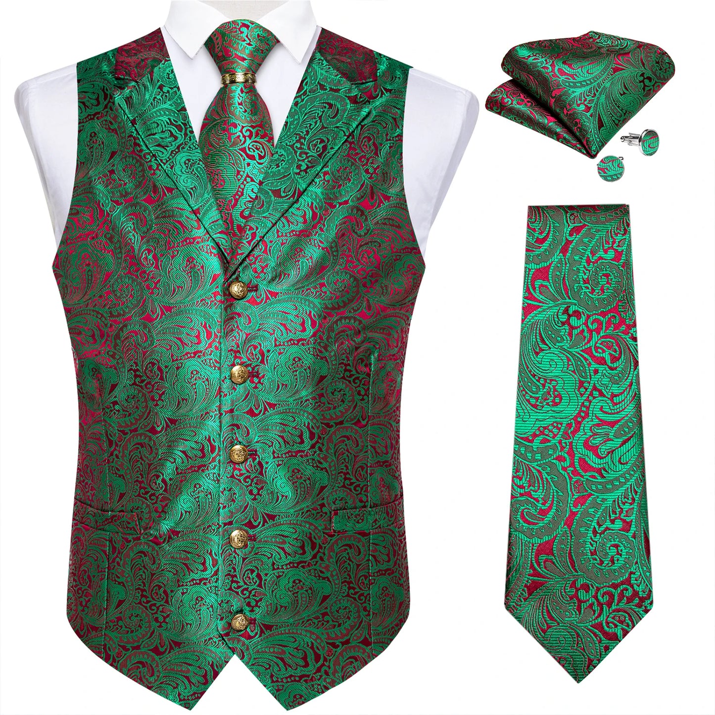 Luxury Royal Blue Paisley Silk Suit Vest Tie Set with Dragon Metal Ring Handkerchief Cufflinks Wedding Prom Tuxedo Waistcoat