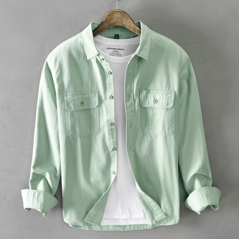 HIQOR 2025 Men Casual White Shirts Long-sleeved Chest Two Pocket Design 100% Cotton Solid Casual Turn-down Collar Shirt M-3XL