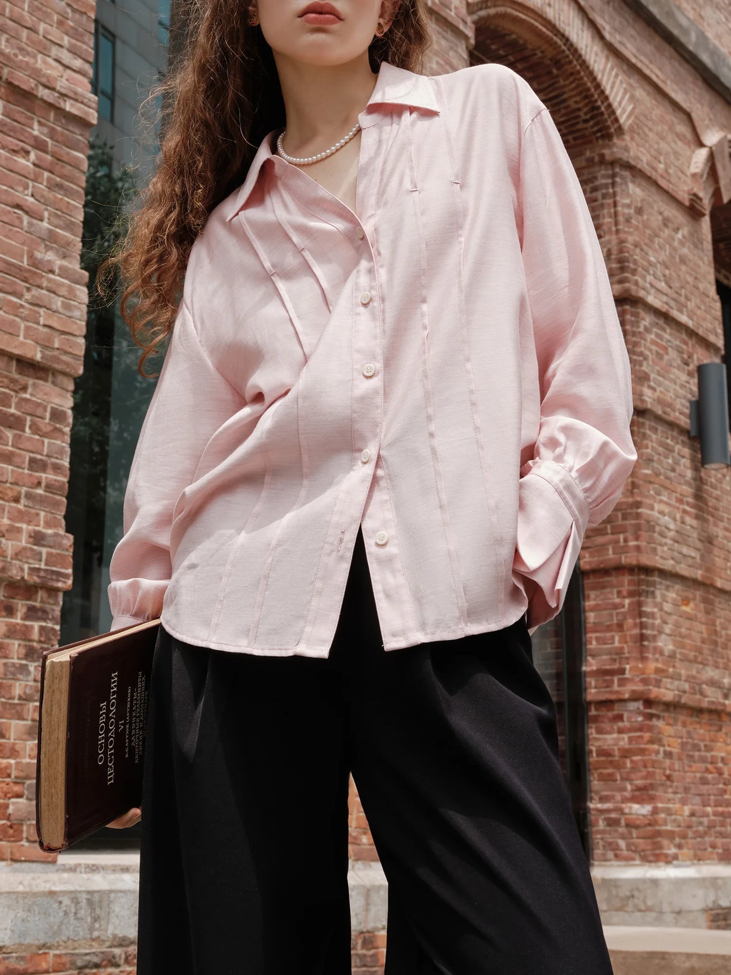 FSLE Women Long Sleeve Blouses V-Neck Women Pink Autumn Tops Striped Design Drop Shoulder Shirt Office Lady Blouse 24FS13299