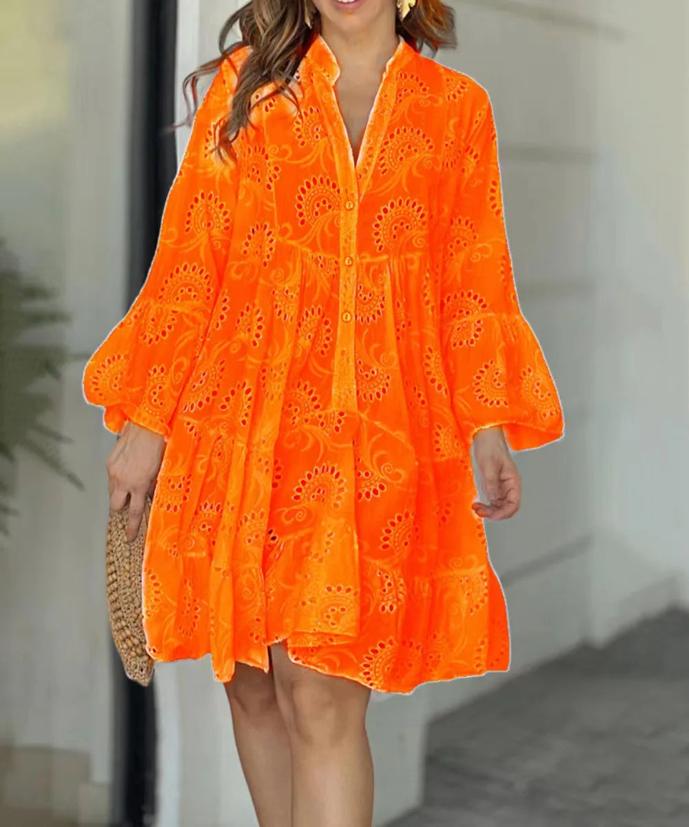 Summer Elegant Vintage Solid Lace Dress V-neck Loose Hollow Out Pattern Embroidery Vestidos Women Beach Sexy Mini White Dresses