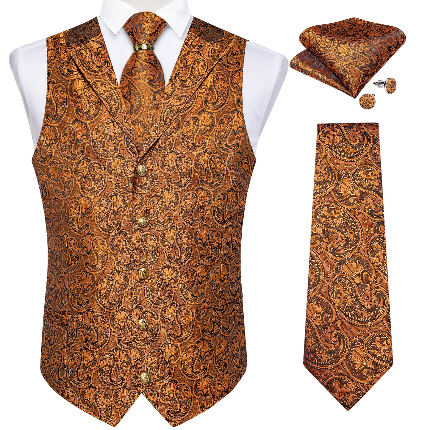 Luxury Royal Blue Paisley Silk Suit Vest Tie Set with Dragon Metal Ring Handkerchief Cufflinks Wedding Prom Tuxedo Waistcoat