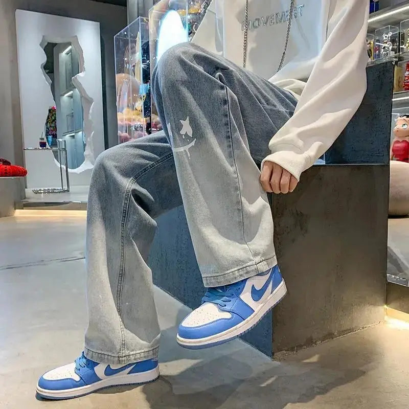 Harajuku Smile Print Baggy Pants Men Streetwear Wide Leg Oversize Jeans Vintage Y2k Straight Long Trousers Male 2024 Fashion