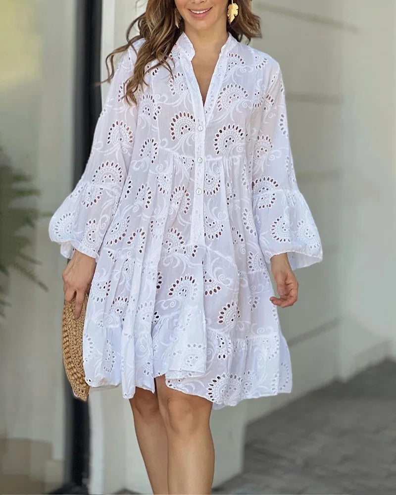 Summer Elegant Vintage Solid Lace Dress V-neck Loose Hollow Out Pattern Embroidery Vestidos Women Beach Sexy Mini White Dresses