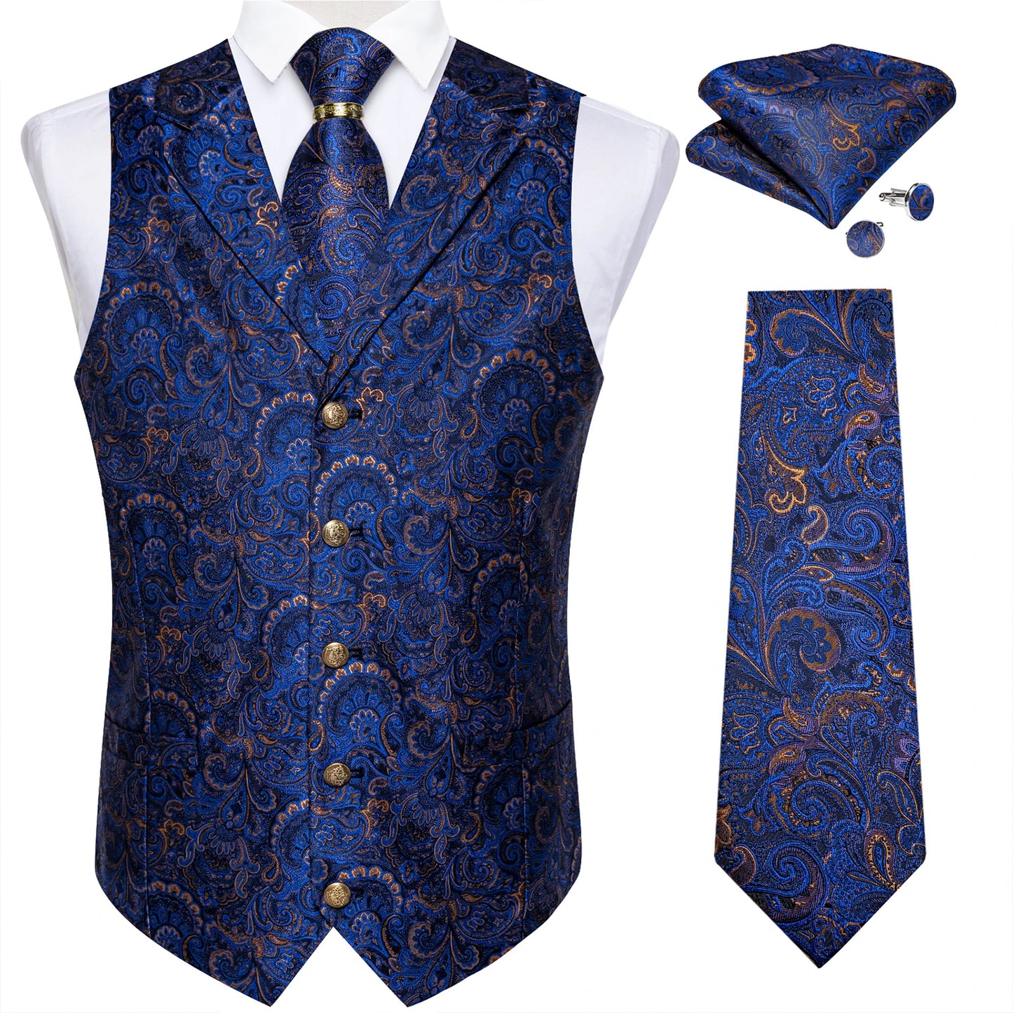 Luxury Royal Blue Paisley Silk Suit Vest Tie Set with Dragon Metal Ring Handkerchief Cufflinks Wedding Prom Tuxedo Waistcoat