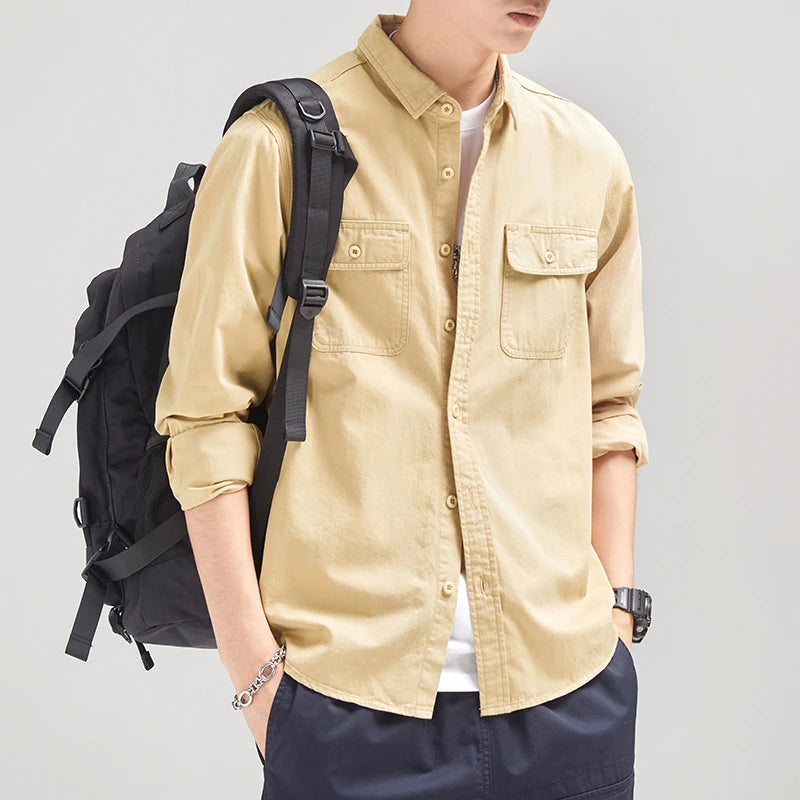 HIQOR 2025 Men Casual White Shirts Long-sleeved Chest Two Pocket Design 100% Cotton Solid Casual Turn-down Collar Shirt M-3XL
