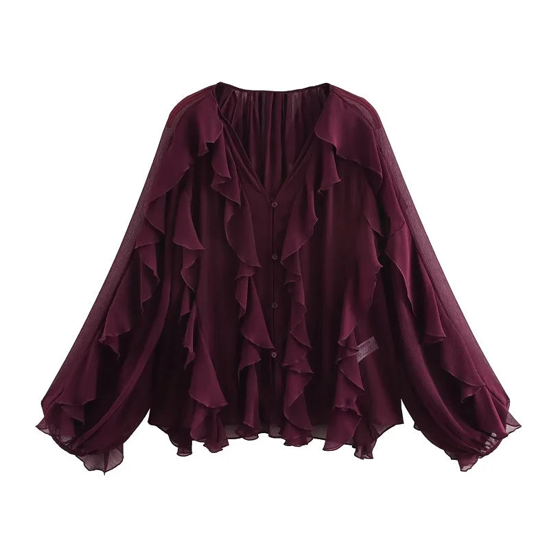 TRAF Ruffle Womens Blouses Semi Sheer Casual Blouses Woman Spring Fairy Shirts and Blouses for Lady Long Sleeve Tops Woman 2025
