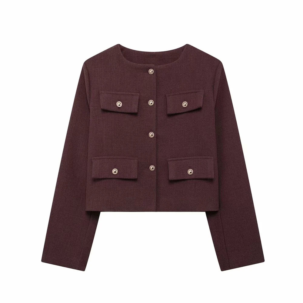TRZA-Women's Golden Button Jacket Coat, O Neck, Long Sleeve, Female Outerwear, Chic Tops, Fashion