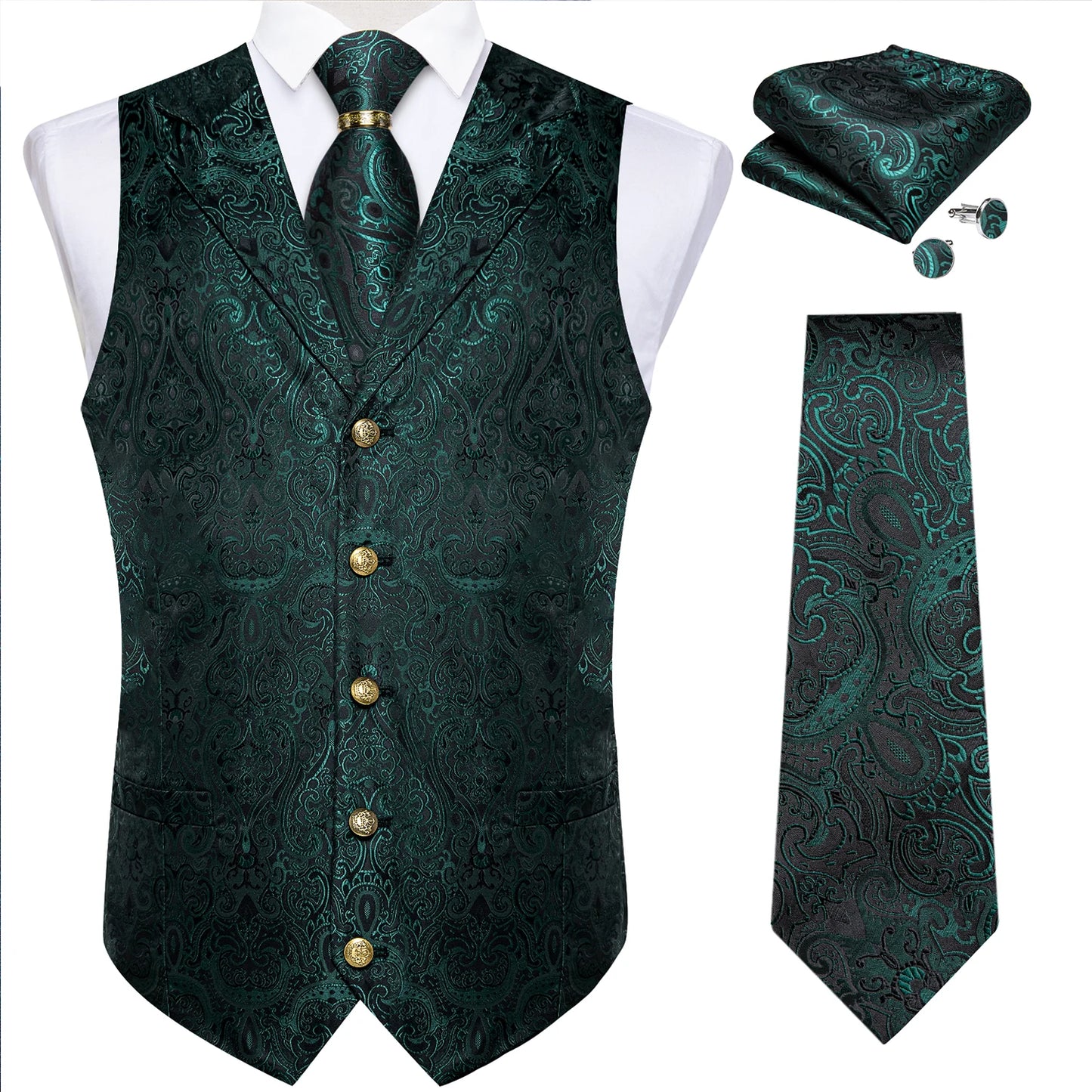 Luxury Royal Blue Paisley Silk Suit Vest Tie Set with Dragon Metal Ring Handkerchief Cufflinks Wedding Prom Tuxedo Waistcoat