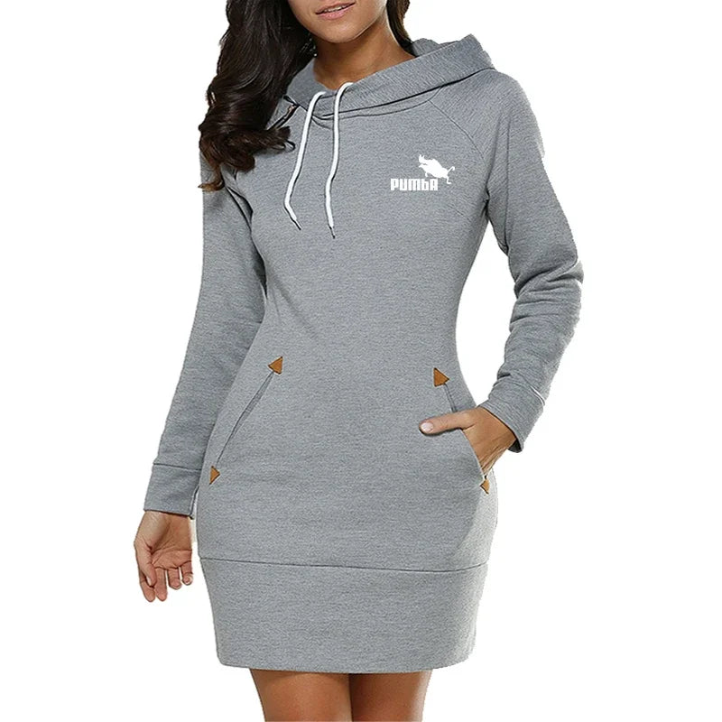 Women's Casual Hoodie Sweatshirt Dress with Pockets and Zip Neckline