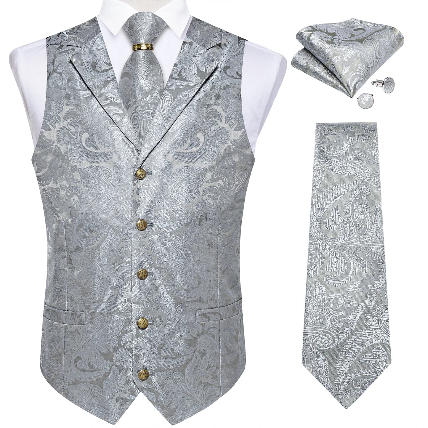 Luxury Royal Blue Paisley Silk Suit Vest Tie Set with Dragon Metal Ring Handkerchief Cufflinks Wedding Prom Tuxedo Waistcoat