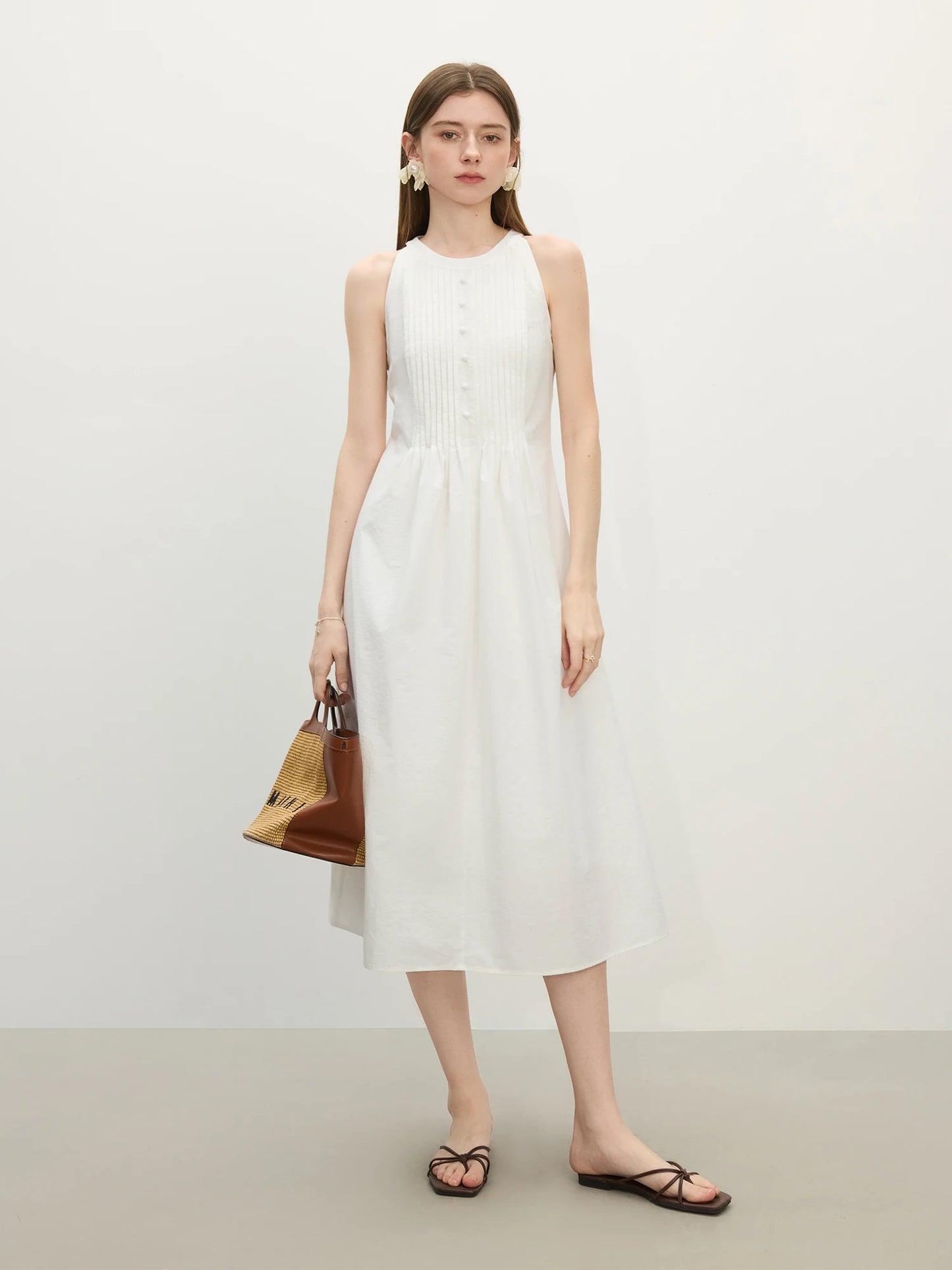 FSLE Accordion Pleats Small Round neckline Elegant Slim-Fitting Halter Neckline Women's Dress 2025 Summer New Design 25FS12367