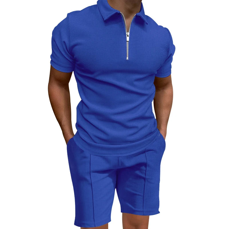Cross border 2024 summer men's polo shirt set solid color waffle short sleeve slim lapel t-shirt casual men's set