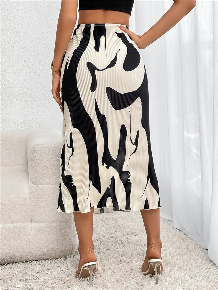 Dressy Casual Graphic Print Pleated Long Skirts Women Autumn Fashion Elastic High Waist Geometry Midi Skirt Streetwear 2023