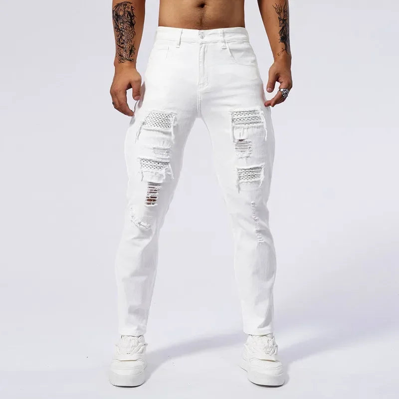 98% Cotton Ripped Slim White Jeans Men High Elasticity Clothing Fashion Small Feet Hip Hop Male Denim Trousers Streetwear