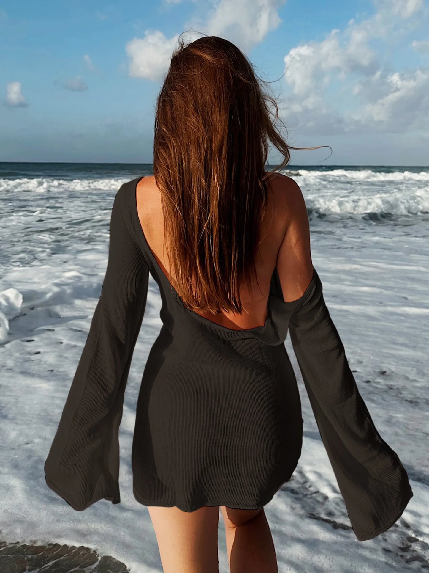 Sexy See Through Women Backless Bell Sleeve 2025 Summer Solid Knit Beach Swimwear Coverups Elegant Crew Neck Mini Dresses K98