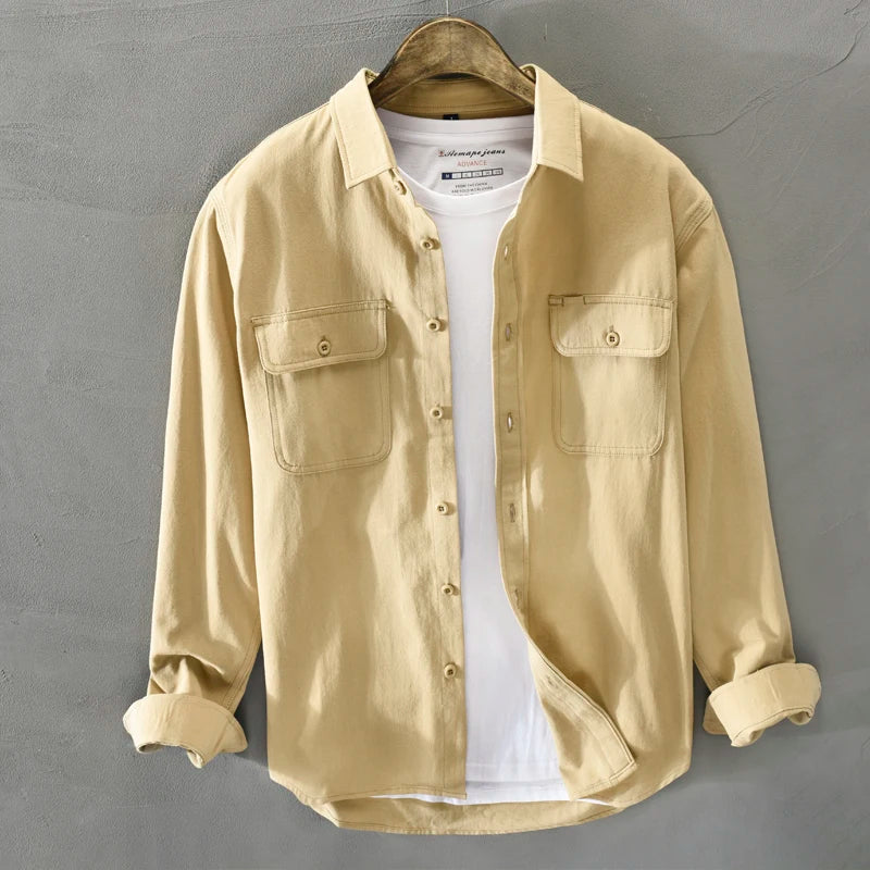 HIQOR 2025 Men Casual White Shirts Long-sleeved Chest Two Pocket Design 100% Cotton Solid Casual Turn-down Collar Shirt M-3XL