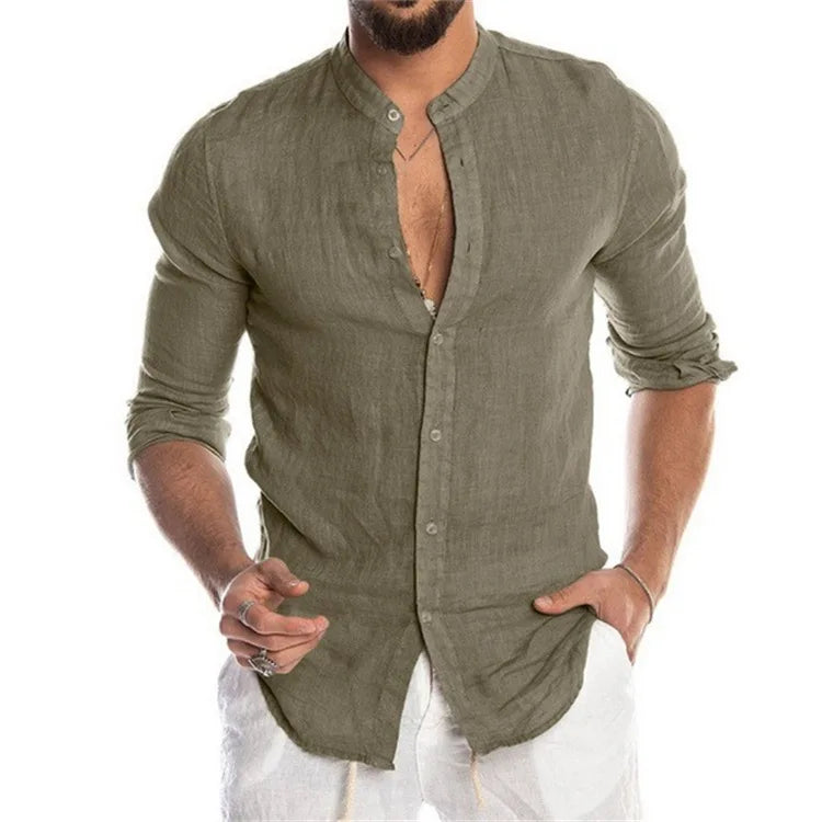 New Spring Men's Fashion Casual Shirt Button Linen Cotton Comfortable Daily Tops Long Sleeve Shirt