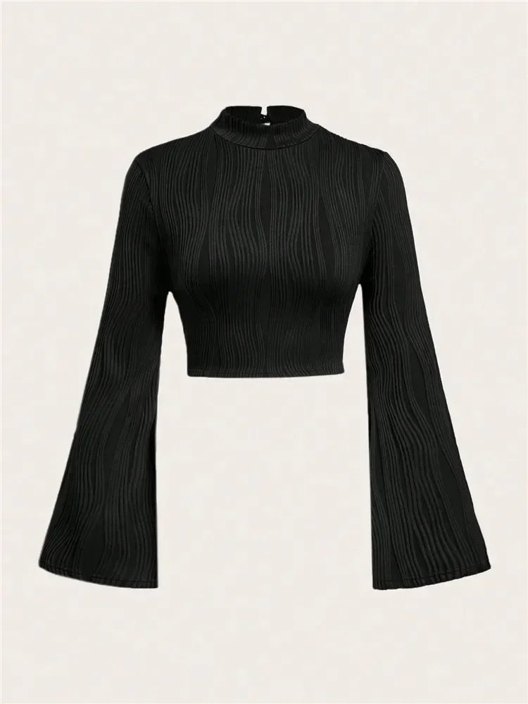 Women Textured Mock Neck Flare Long Sleeve Crop Top Fall Winter Elegant Preppy Style Y2K Rib Knit Slim T Shirt Blouse 2023