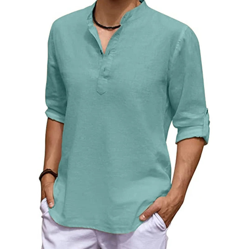 New Men's Linen Long Sleeve V-neck T Shirt Solid Color Oversize Casual Shirt Cotton Shirt Plus Size Yoga Button Shirts for Men