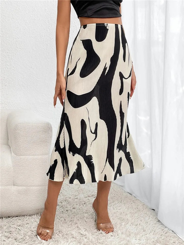 Dressy Casual Graphic Print Pleated Long Skirts Women Autumn Fashion Elastic High Waist Geometry Midi Skirt Streetwear 2023