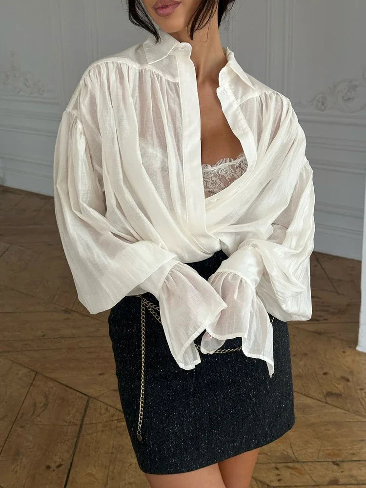 Tossy Women's Casual Loose See-Through Patchwork Shirt – Long Sleeve Lapel Blouse