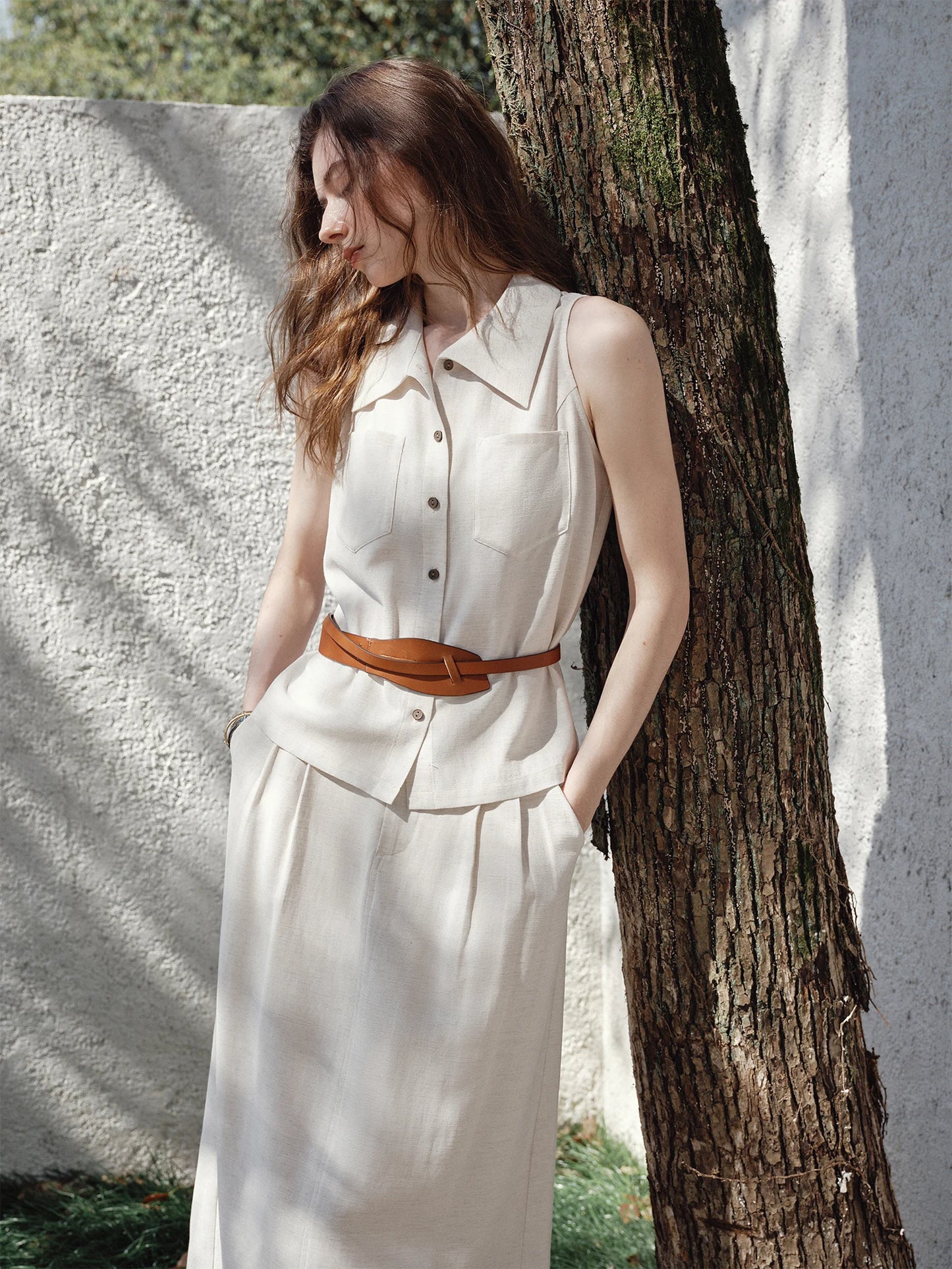 FSLE 2025 Summer Women's Minimalist Sleeveless Shirt Set - Relaxed Fit & Fluid Skirt Coordination 25FS12040+25FS12041
