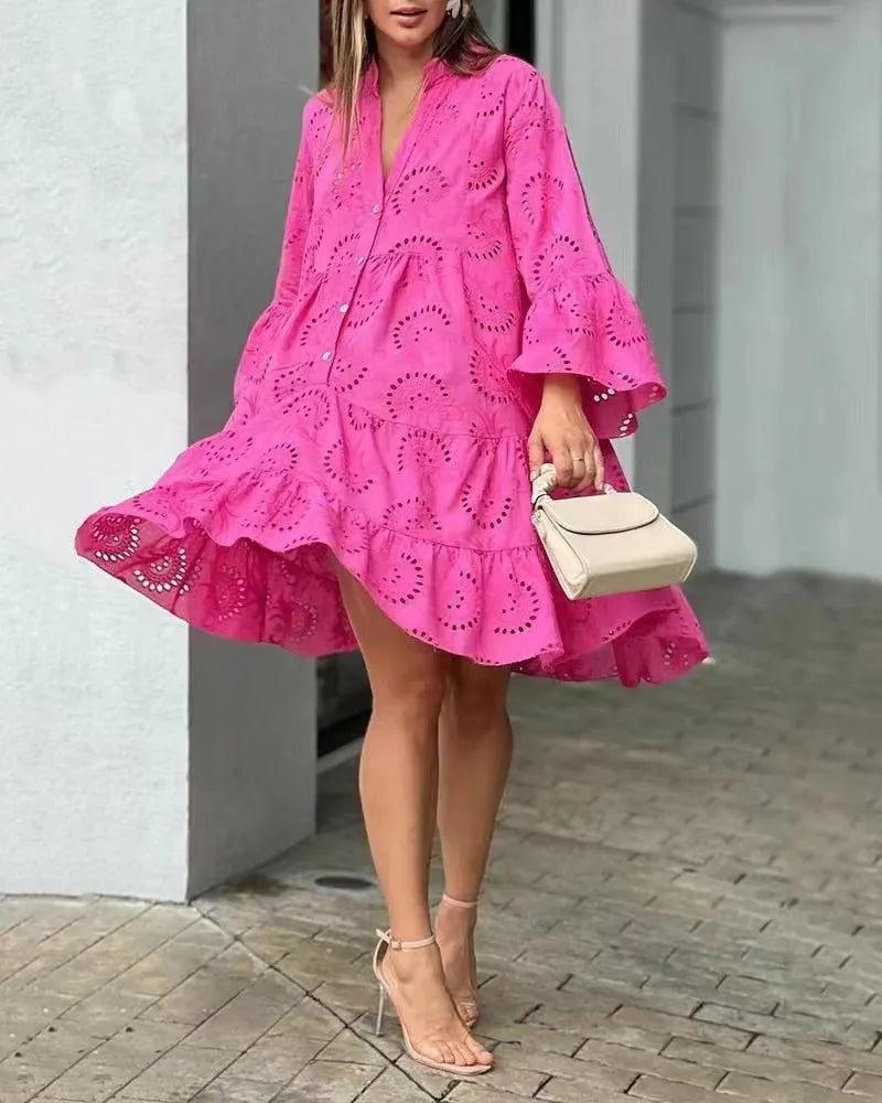 Summer Elegant Vintage Solid Lace Dress V-neck Loose Hollow Out Pattern Embroidery Vestidos Women Beach Sexy Mini White Dresses