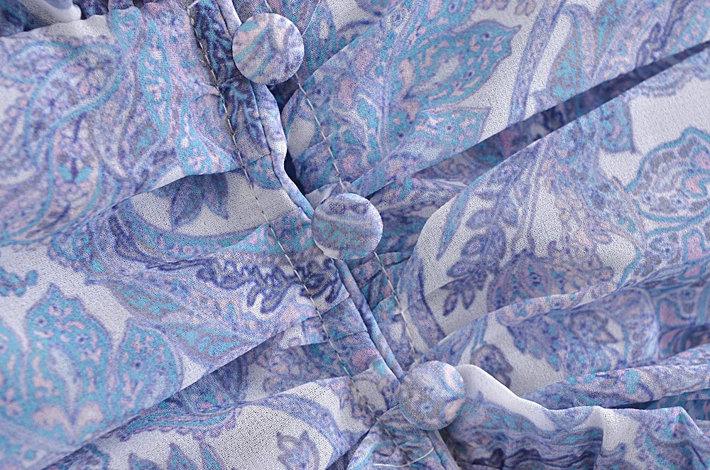 Women's Blue Floral Holiday Chiffon Dress – Ruched Waist & Long Sleeves